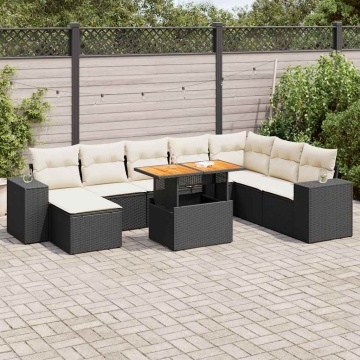 Set mobilier grădină perne 9 piese negru poliratan/lemn acacia - Img 1
