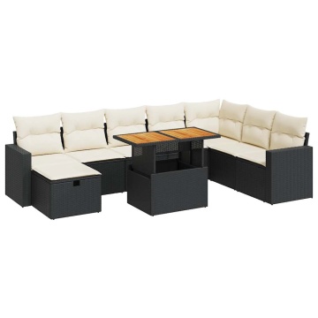 Set mobilier grădină perne 9 piese negru poliratan/lemn acacia - Img 2