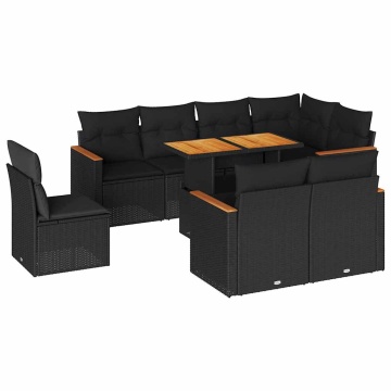 Set mobilier grădină perne 9 piese negru poliratan/lemn acacia - Img 2