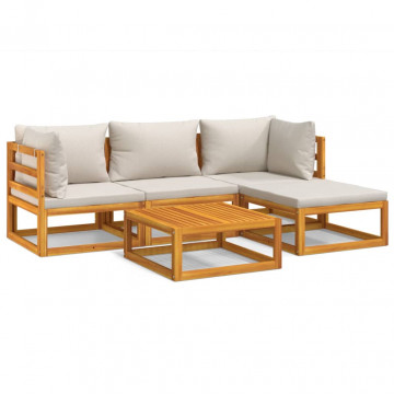 Set mobilier grădină, perne gri deschis, 5 piese, lemn masiv - Img 2