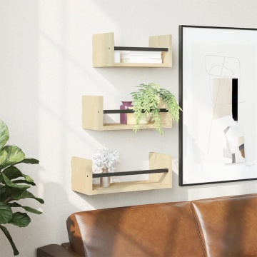 Set rafturi perete cu bare, 3 buc, stejar sonoma lemn prelucrat - Img 1