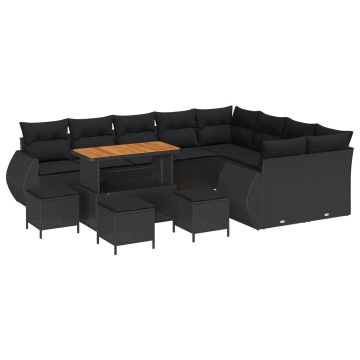Set Sofa Grădină 12 Piese cu Perne Negru Ratan Poli Akacia, Set Dining Grădină 3 Piese cu Perne Negru Ratan Poli Akacia - Img 2