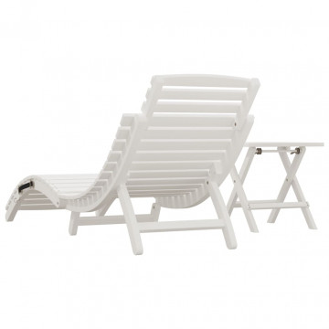 Șezlong de plajă cu masă, alb, lemn masiv de acacia - Img 4