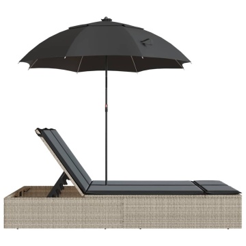 Șezlong dublu cu perne/umbrelă de soare, gri deschis, poliratan - Img 8