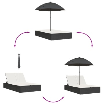 Șezlong dublu cu perne/umbrelă de soare, negru, poliratan - Img 6