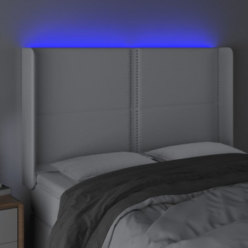 Tăblie de pat cu LED, alb, 147x16x118/128 cm, piele ecologică - Img 4