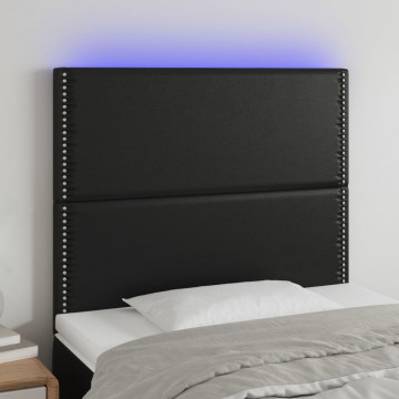 Tăblie de pat cu LED, negru, 90x5x118/128 cm, piele ecologică - Img 1