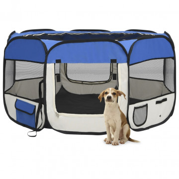 Țarc câini pliabil cu sac de transport, albastru, 125x125x61 cm - Img 1
