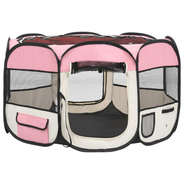Țarc joacă pliabil câini cu sac de transport roz 110x110x58 cm - Img 3