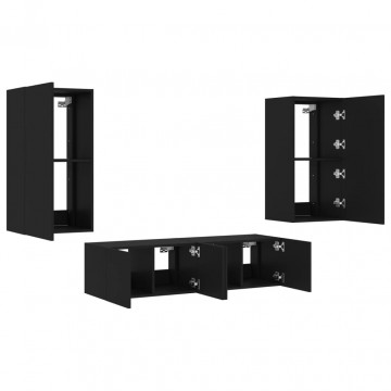 Unități de perete TV cu LED-uri, 4 piese, negru, lemn prelucrat - Img 5