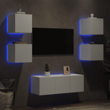 Unități de perete TV cu LED-uri, 6 piese, alb, lemn prelucrat - Img 4