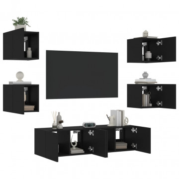 Unități de perete TV cu LED-uri, 6 piese, negru, lemn prelucrat - Img 1