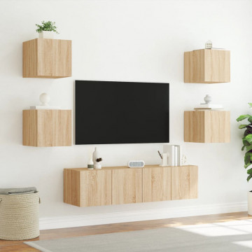 Unități de perete TV cu LED-uri, 6 piese, stejar sonoma, lemn - Img 7