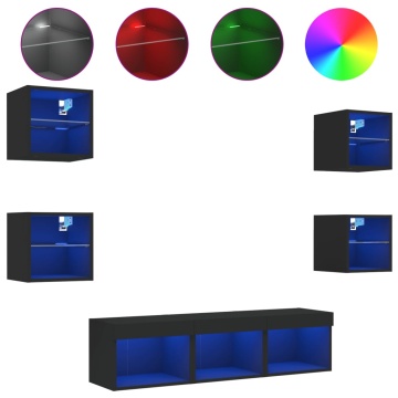 Unități de perete TV cu LED-uri, 7 piese, negru, lemn prelucrat - Img 2