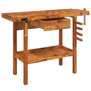 Banc de lucru cu sertar și menghine, 124x52x83 cm, lemn acacia - Img 3