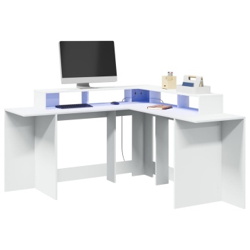 Birou cu lumini LED, alb, 152x152x91 cm, lemn prelucrat - Img 1