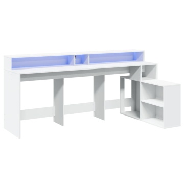 Birou cu lumini LED, alb, 200x104x91 cm, lemn prelucrat - Img 3