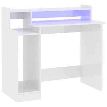 Birou cu lumini LED alb extralucios 97x90x45 cm lemn compozit - Img 2