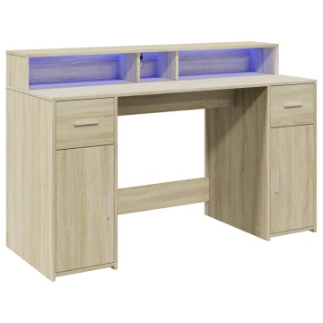 Birou cu lumini LED stejar sonoma, 140x55x91 cm, lemn prelucrat - Img 3