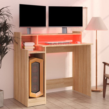 Birou cu lumini LED, stejar sonoma, 97x90x45 cm, lemn compozit - Img 8