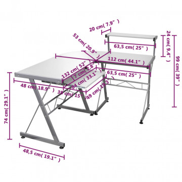 Birou de computer colțar, alb, 132x112x99 cm, lemn prelucrat - Img 5