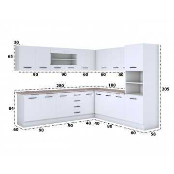 Bucatarie de colt Alfa, Corp inalt cuptor, Cu vitrina, Alb, Blat termic travertin - Img 4