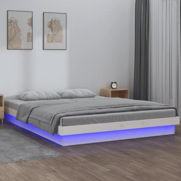 Cadru de pat cu LED, alb, 140x190 cm, lemn masiv - Img 1