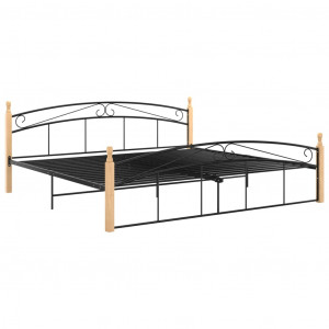 Cadru de pat, negru, 200x200 cm, metal și lemn masiv de stejar - Img 2