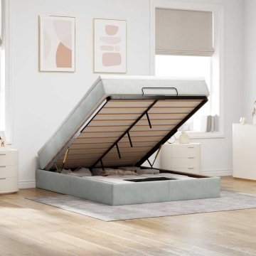 Cadru de pat otoman cu saltea Gri deschis 140x190cm catifea - Img 1