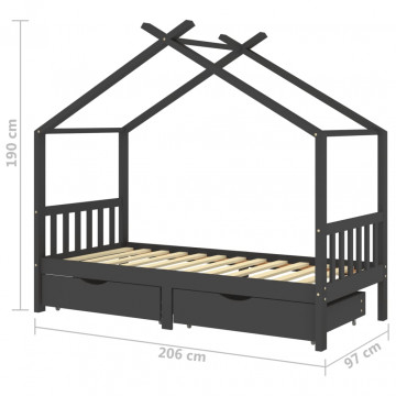 Cadru pat copii cu sertare gri închis 90x200 cm lemn masiv pin - Img 6