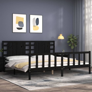 Cadru pat cu tăblie 200x200 cm, negru, lemn masiv - Img 3