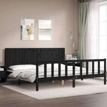 Cadru pat cu tăblie 200x200 cm, negru, lemn masiv - Img 3