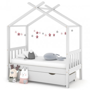 Cadru pat de copii cu un sertar, alb, 70x140 cm, lemn masiv pin - Img 1