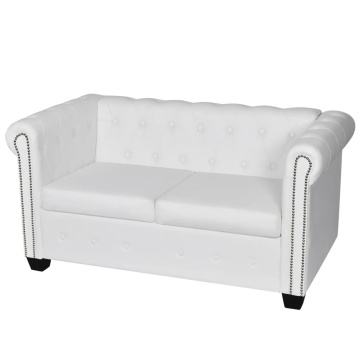Canapea Chesterfield cu 2 locuri, piele artificială, alb - Img 1