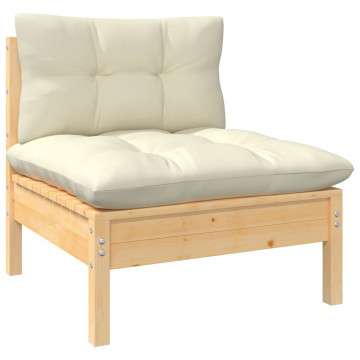 Canapea de mijloc de grădină cu perne crem, lemn masiv de pin - Img 1