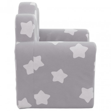 Canapea pentru copii, gri deschis cu stele, pluș moale - Img 4