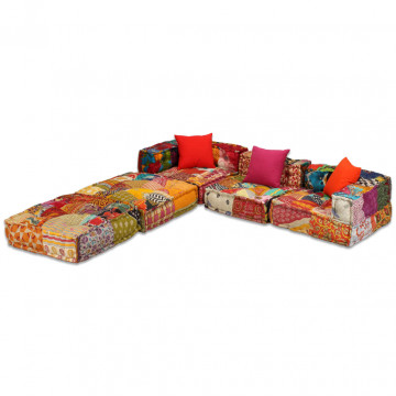 Canapea puf modulară cu 3 locuri, petice, material textil - Img 3