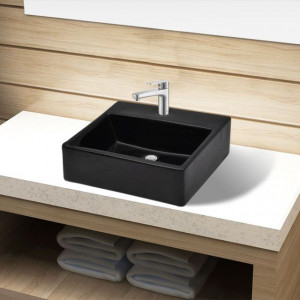 Chiuvetă de baie pătrată din ceramică cu gaură pentru robinet, negru - Img 1
