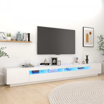 Comodă TV cu lumini LED, alb extra lucios, 300x35x40 cm - Img 1