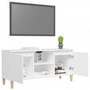 Comodă TV cu picioare din lemn masiv, alb, 103,5x35x50 cm - Img 4
