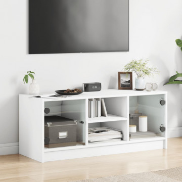 Comodă TV cu uși din sticlă, alb, 102x37x42 cm - Img 3
