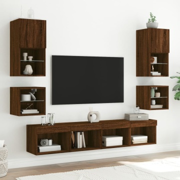 Comodă TV de perete cu lumini LED, stejar maro 30x28,5x30 cm - Img 8