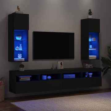 Comode TV cu lumini LED, 2 buc., negru, 30,5x30x90 cm - Img 4