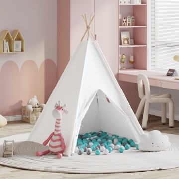 Cort tip teepee pentru copii cu geantă piersică și bile de joacă alb - Img 4