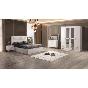 Dormitor Irene, alb, pat 160 x 200 cm, dulap cu 4 usi, 2 noptiere, comoda - Img 1