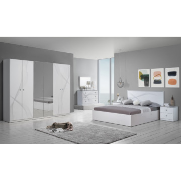 Dormitor matrix, alb lucios, pat 160x200, comoda, dulap, noptiere - Img 1
