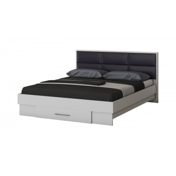 Dormitor solano, alb, dulap 150 cm, pat cu tablie tapitata negru 140x200 cm, 2 noptiere, comoda - Img 2