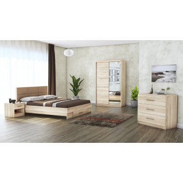 Dormitor Solano, sonoma, dulap 120 cm, pat cu tablie tapitata camel 140×200 cm, 2 noptiere, comoda - Img 1
