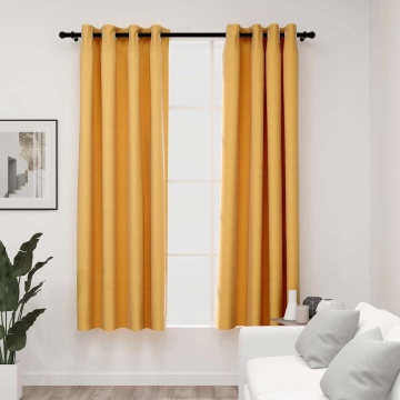 Draperii opace aspect in, cu ocheți, 2 buc., galben, 140x175 cm - Img 1