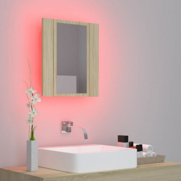 Dulap de baie cu oglindă și LED, stejar Sonoma, 40x12x45 acril - Img 4
